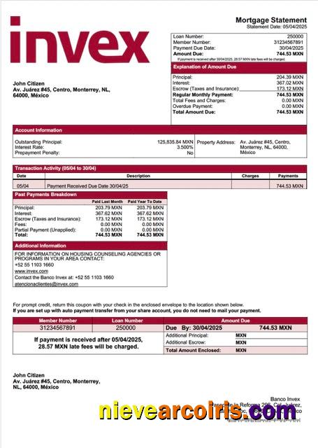 Mexico Banco Invex mortgage statement Word and PDF template